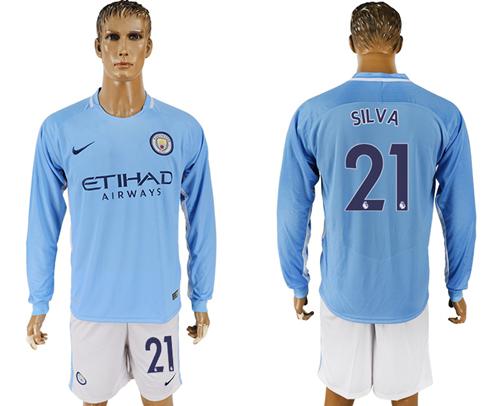 Manchester City #21 Silva Home Long Sleeves Soccer Club Jersey - Click Image to Close